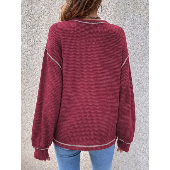 Minimalist Bishop Sleeve Pocket Patched Topstitching Tee waffle thermal - Picture 8 of 10